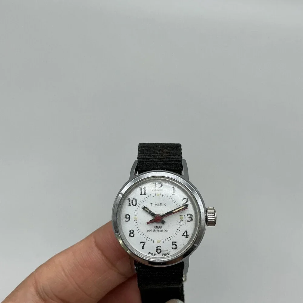 Vintage Timex Womens Watch 24mm White Dial Silver Tone Black Manual Wind